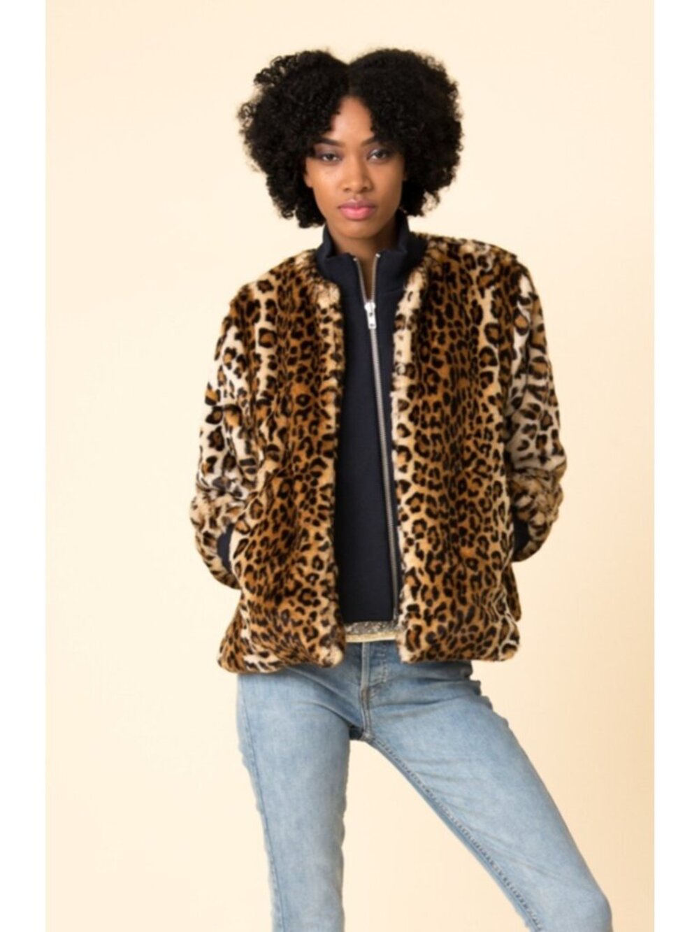 Ganni Farris Bomber Jacket Leopard Print Faux Fur coat Size 38 US 8